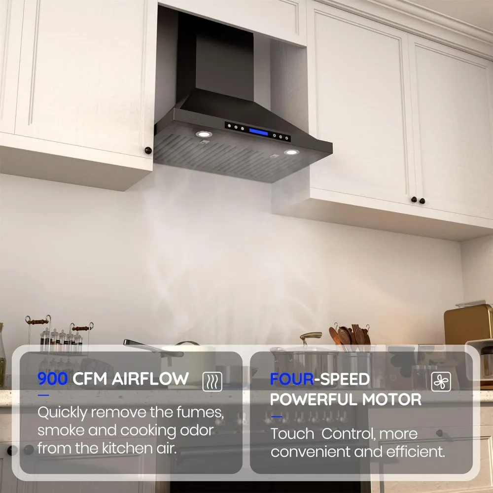 Range Hood, EKON Wall Mount Hood 900 CFM Kitchen Hood Vent 4 Speeds Touch Control LCD Display With Remote /3 Pcs Baffle Filters