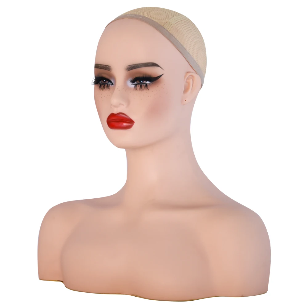 Yajukai Mannequin Head With Shoulders For Displaying And Styling Wig Realistic Mannequin Head With Makeup Red Lipstick Wig Head