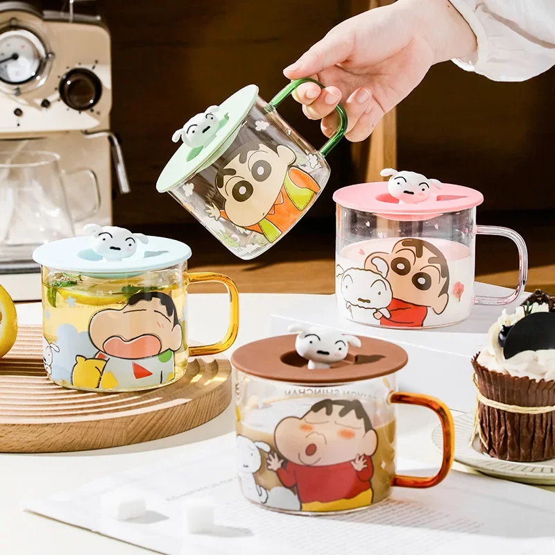 450Ml Crayon Shin-Chan Cartoon Large Capacity Mug Cute Doll Glass Cup with Lid Office Coffee Cup Home Milk Cup Birthday Gift