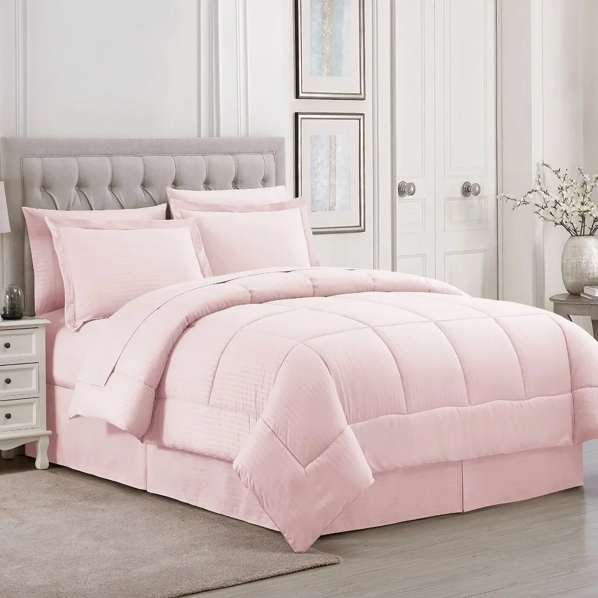 Letto 8 pezzi rosa pallido in una borsa Set piumino con lenzuola, regina