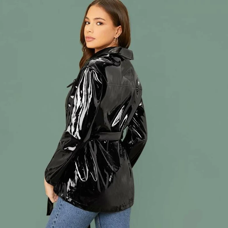 Shiny Patent Leather Blazer Suit Women Faux Latex Wet Look Trench Coat With Belt Ladies Black PVC Overcoat Pocket Jacket Custom