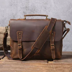 Natural genuine leather men's briefcase vintage crazy horse cowhide handbag handmade fashion work laptop shoulder messenger bags