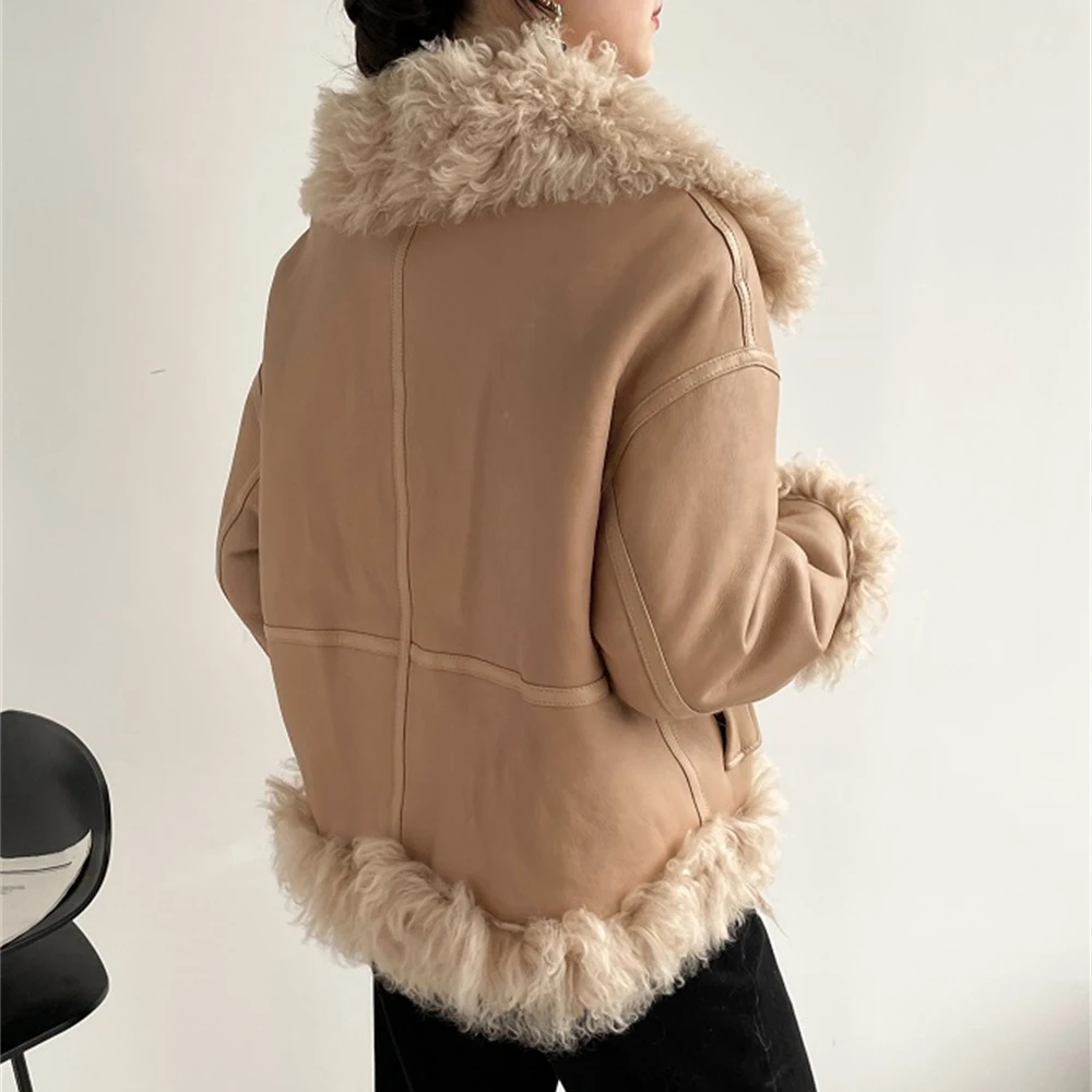 2023 Khaki Tigrado Shearling Fur Coat Women Winter Fashion Cool Casual Daily Winter Warm Real Fur Jackets