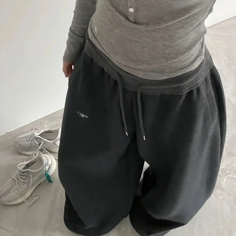Retro American Hip-Hop Hohe Taille Breite Bein Jogginghose für Frauen Casual Schwarz Koreanische Streetwear Lose Jogging Hosen