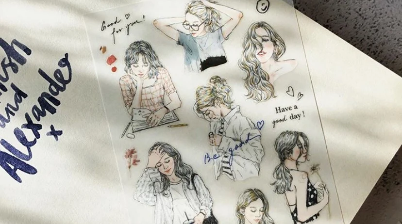 Taiwan Pion Original, Flower and Grass Set/sketch Girl, Transfer Sticker
