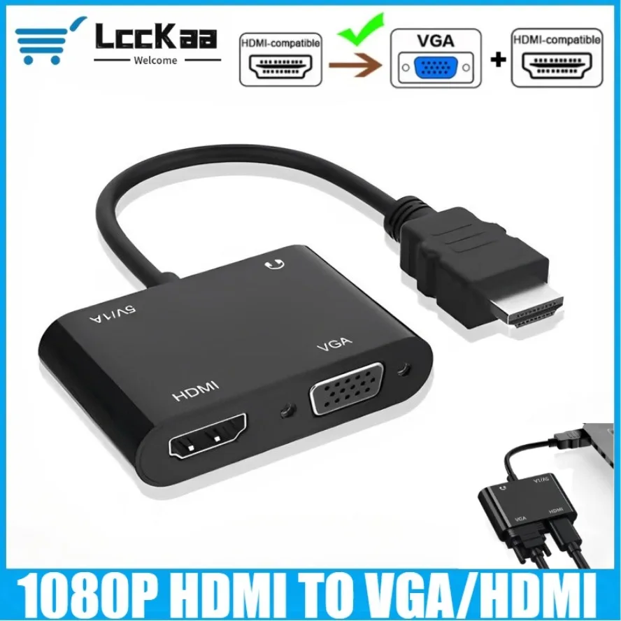 2 in 1 HDMI To HDMI/VGA Adapter Splitter 1080P with 3.5mm Audio Converter for Computer Desktop Laptop PC Monitor Projector HDTV