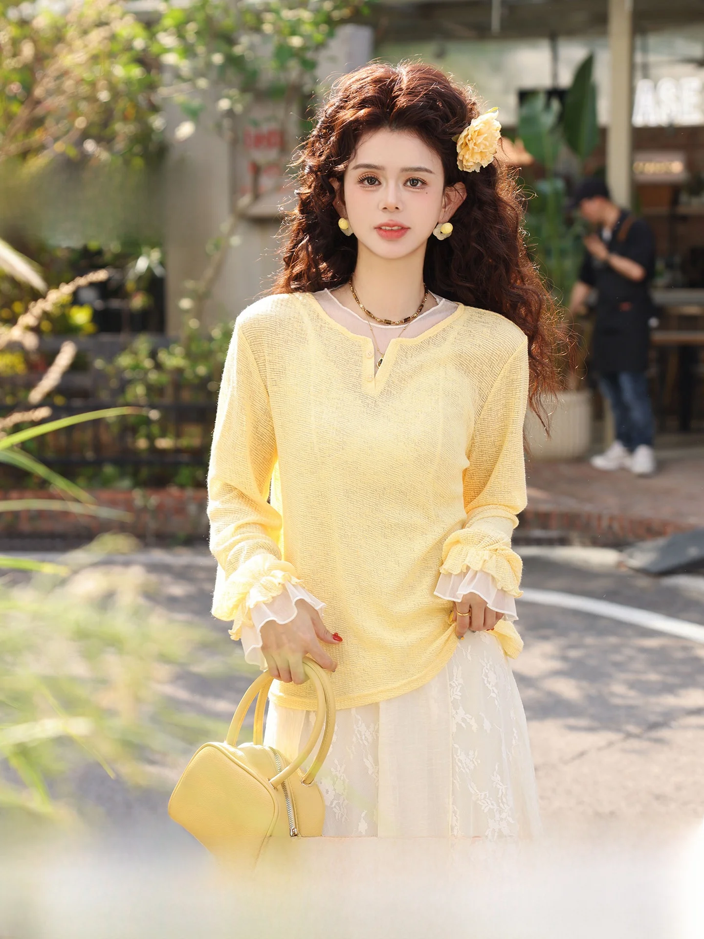 

Винтажная женская футболка с длинным рукавом Chen Jiajie: модный, универсальный, красивый весенний топ с эффектом двухслойности