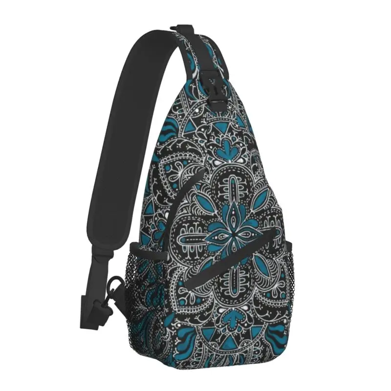 Turquoise Mandala Sling Crossbody Chest Bag Men Casual Boho Floral Pattern Shoulder Backpack for Travel Cycling