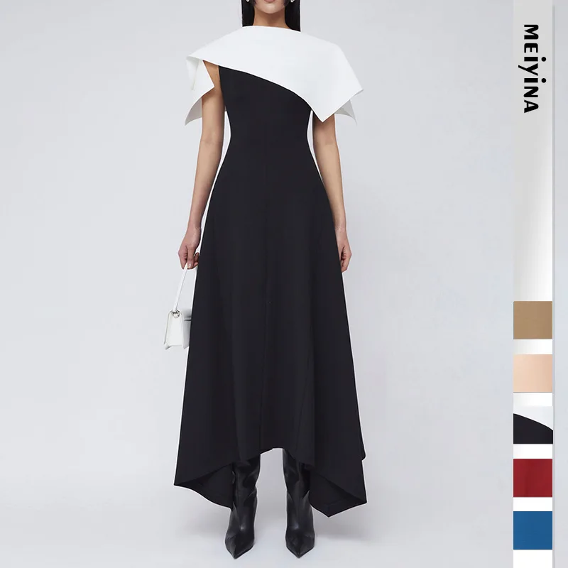 

2026 New Women's Fashion Simple Slim-Fit Solid Color Patchwork Slit High-End Waist-Cinching Dress