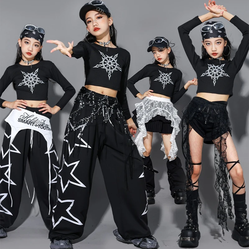 Kinderen Hip Hop Dans Kostuums Meisjes Zwarte Kpop Outfit Crop Top Shuffle Broek Hip Hop Street Dance Wear Mode Kleding AMY2517