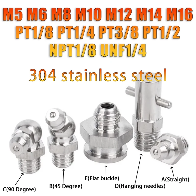 Metric UNF NPT PT Male Thread Grease Nipple 304 Stainless Steel Straight Elbow Zerk Fitting Grease Gun Lubrication Connector