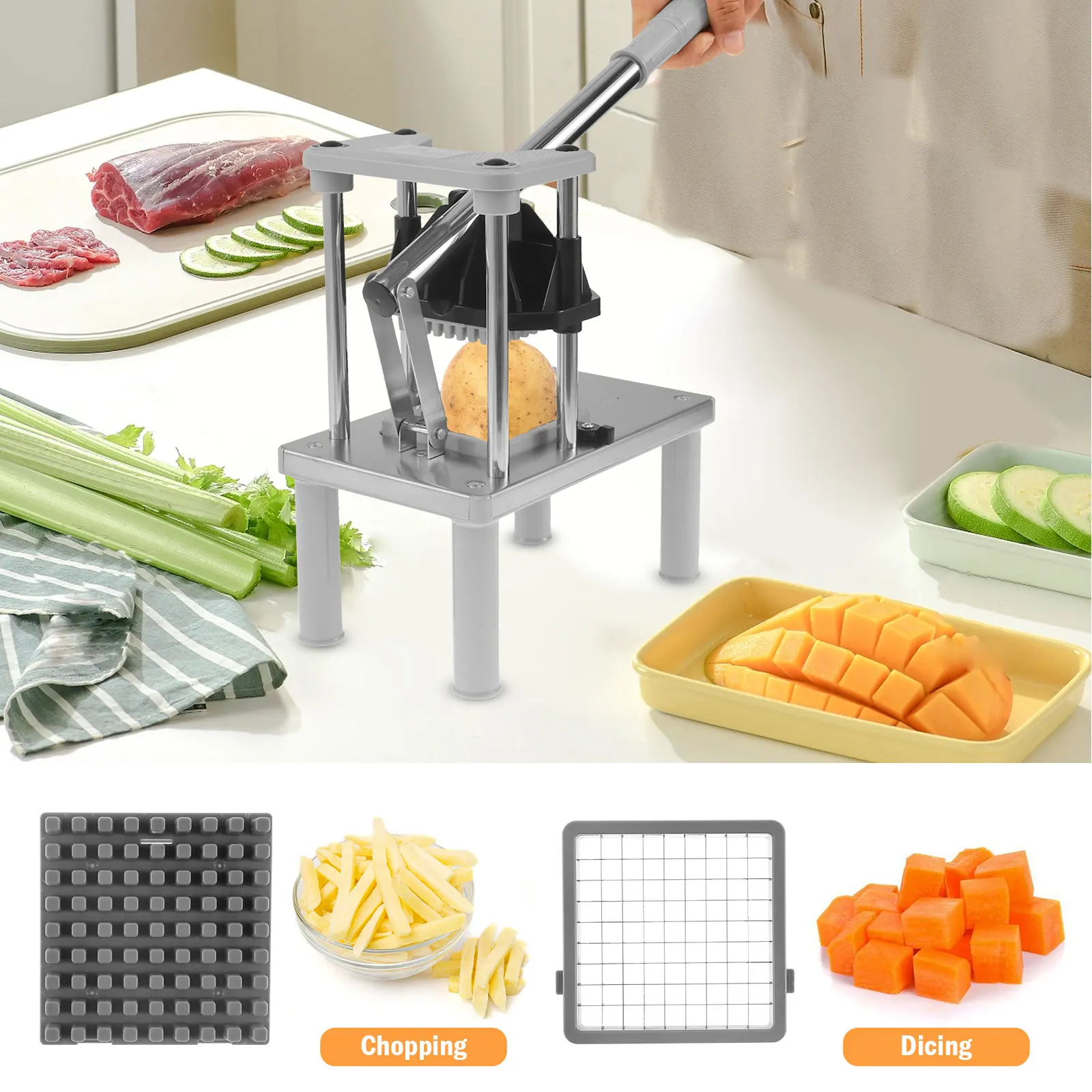 Commercial Vegetable Fruit Chopper French Fry Cutter with 2 Replacement Blades Stainless Steel Vegetable Chopper Dicer Heavy