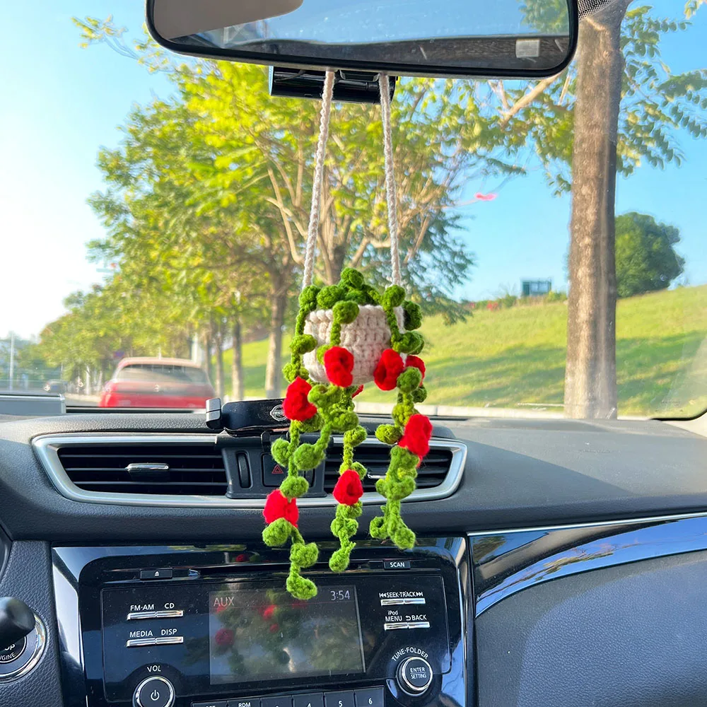 Handmade Cute Crochet Car Hanging Plant Rear view Mirror Plant Decoration Succulent Hanging Plant Car Accessory Gift