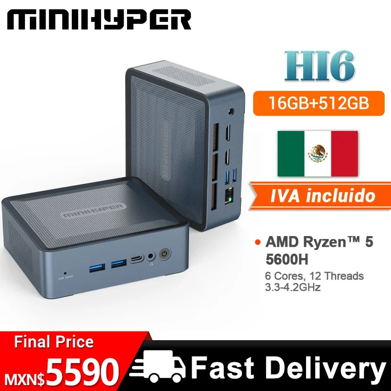 MiniHyper HI6 Mini PC AMD Ryzen 5 5600H CPU 16GB DR4-3200M 512GB de almacenamiento SSD NVME DC Jack USB HDMI Audio Jack tipo C