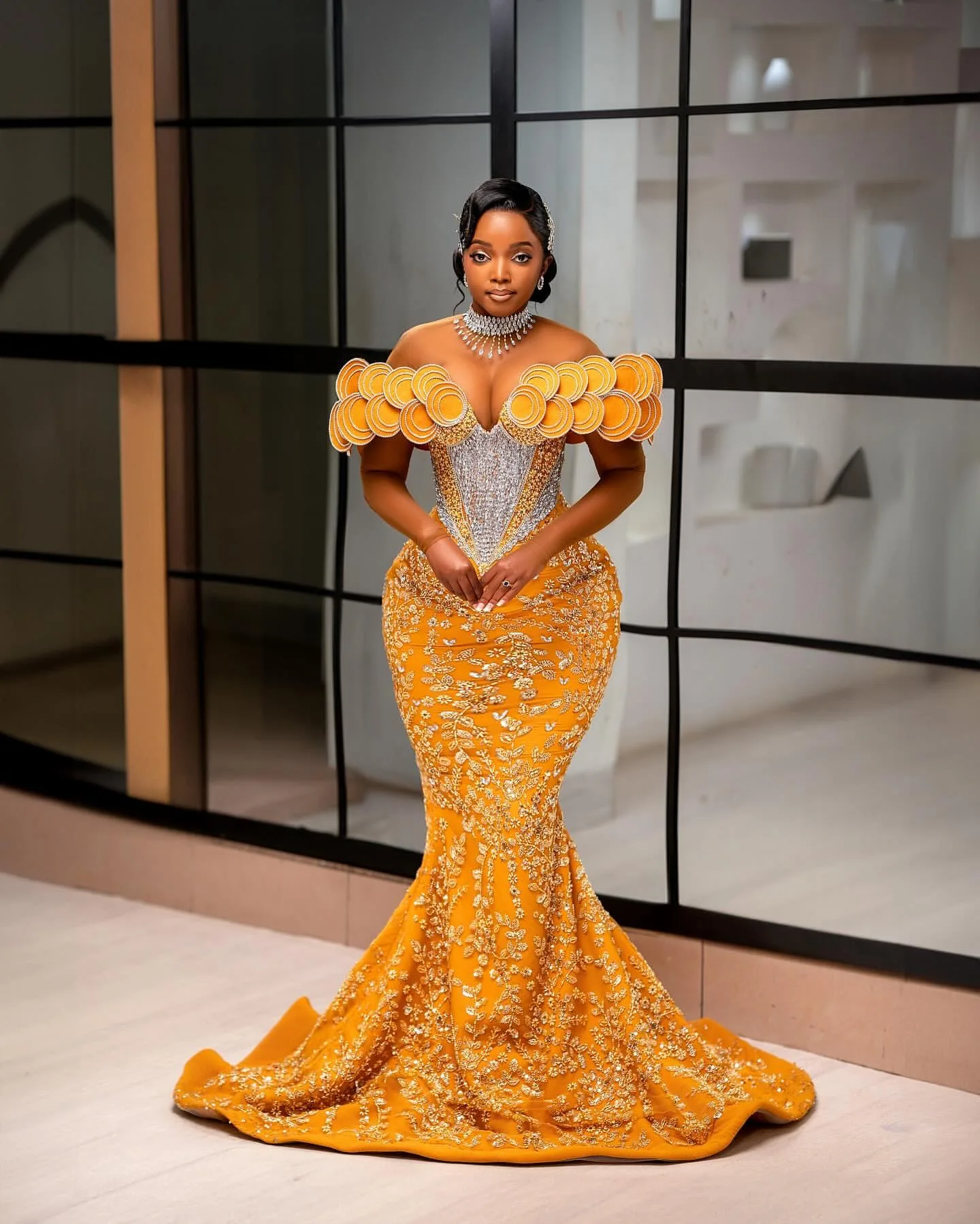2024 Aso Ebi African Yellow Mermaid Prom Dresses Lace Rhinestones Florals Evening Party Second Engagement Birthday Gowns Dress