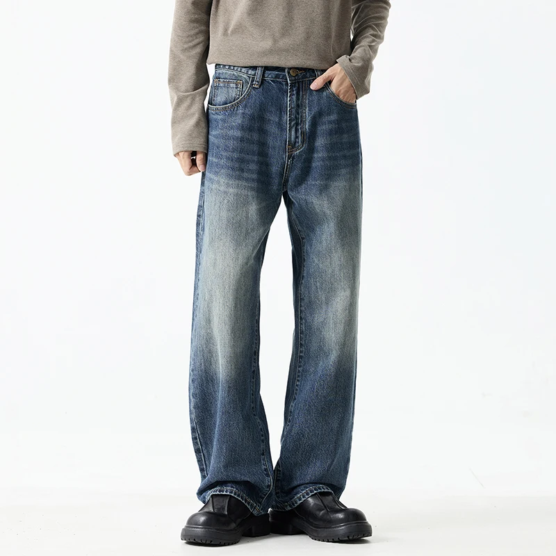 2026 Autumn Men's Wide Leg Jeans Vintage Washed Premium Denim Loose Straight Streetwear Trousers Clean Fit Classic Blue Jeans