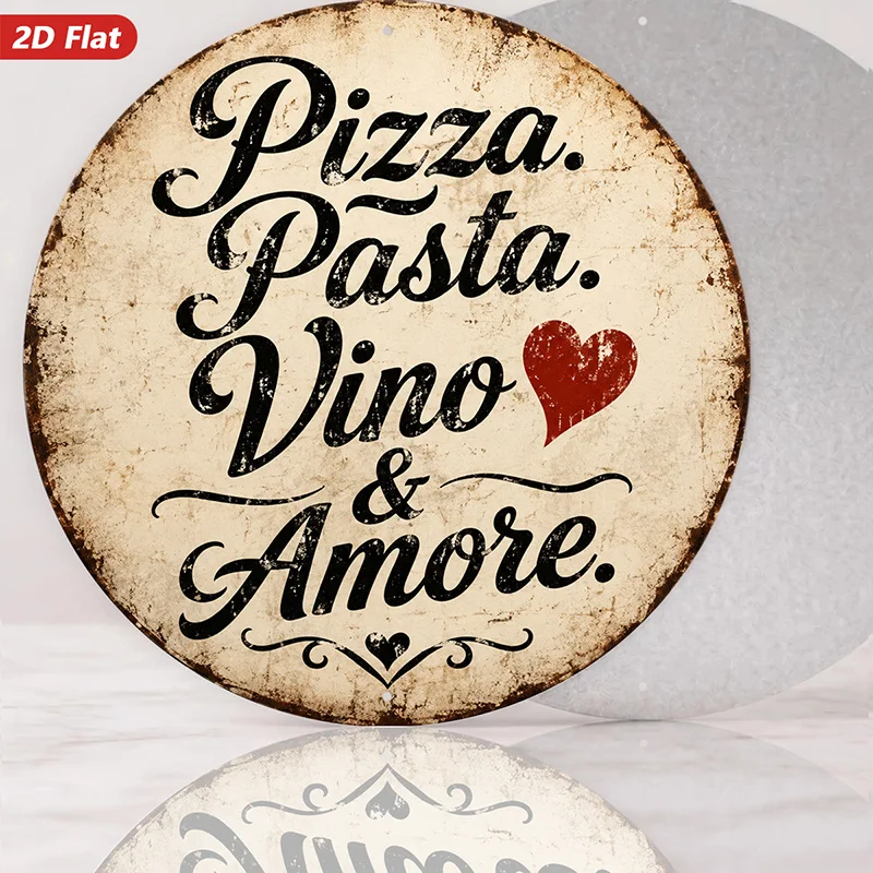 2D Flat, 1pc Italian Kitchen Love Round Metal Sign Wall Art, Pizza Pasta Vino Amore Lettering, Red Heart Accent, Home Decor, Rou