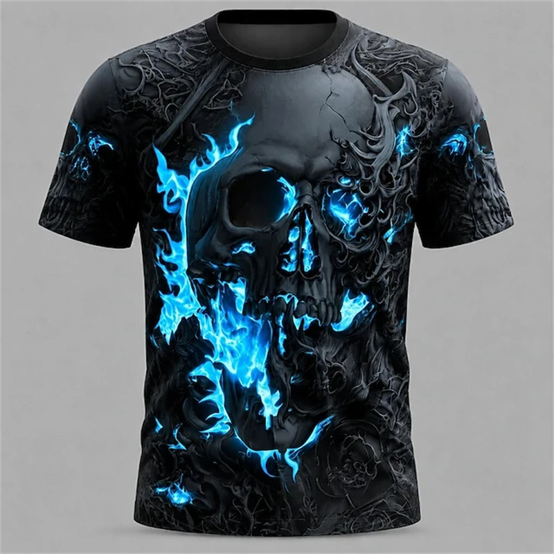Men's Twisted Vine Orange Flame Skull Dark Biker-Style Short-Sleeve Top Trendy Fashionable and Cool Halloween Short-Sleeve Top