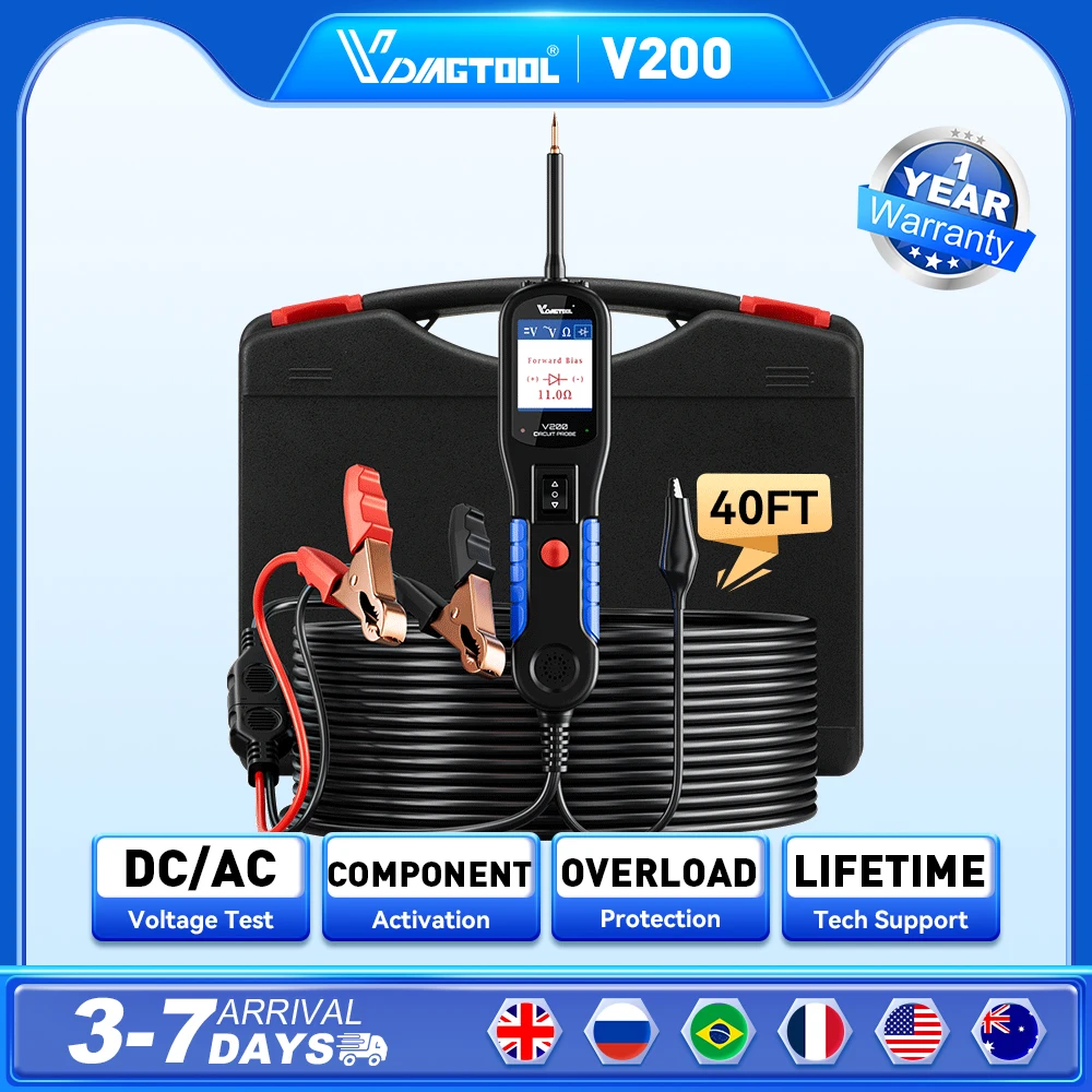 

VDIAGTOOL V200 Power Circuit Probe Tester 12V 24V Automotive Truck Electrical System Diagnostic Tools with 40FT Cable