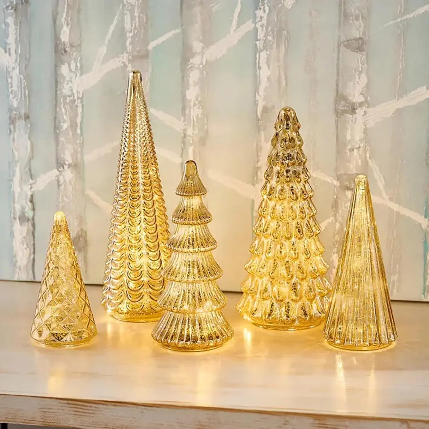 Juego de 5 árboles iluminados con impresión 3D, árboles de Navidad LED mejorados, estatuilla de árbol dorado para decoración de mantel de fiesta en casa, regalo de Navidad