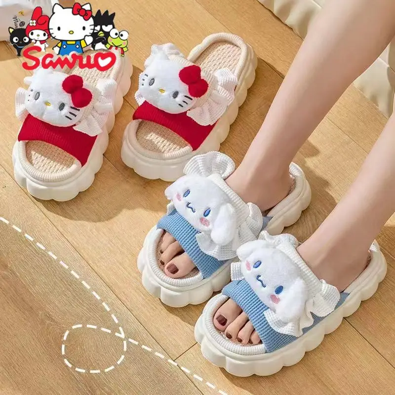 MINISO Melody Kuromi Hello Kitty Cinnamoroll Pochacco Linen Slippers Home Soft Thick Bottom Non-slip Breathable Seasonal Slipper