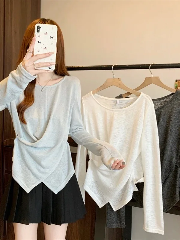 

plus Size Casual Cross oulder Long Sve T-irt Women Summer New Design Ele Top Trendy Commute Sle High Waist