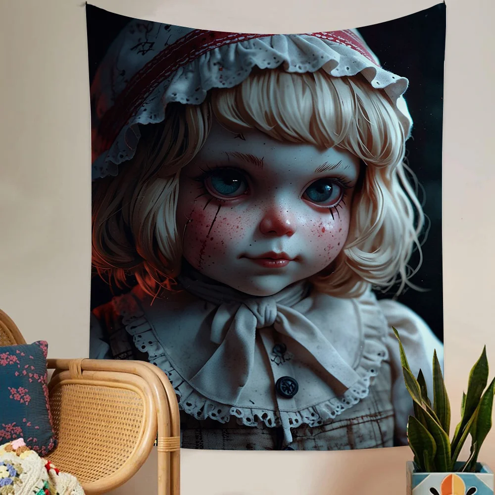 Horror Spooky Weird Little Girl Dolls Cartoon Tapestry Art Science Fiction Room Home Decor Wall Hanging Home Decor