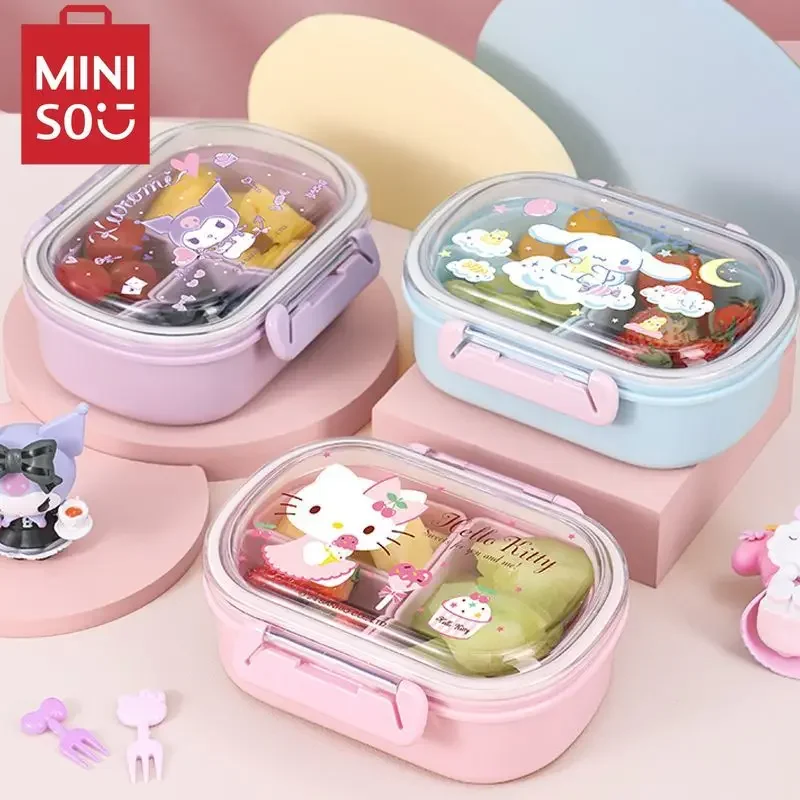 

MINISO Sanrio Bento Box Cute Kuromi Cinnamoroll Hello Kitty Portable Children Outing Fruit Box Separated Fresh-keeping Lunch Box