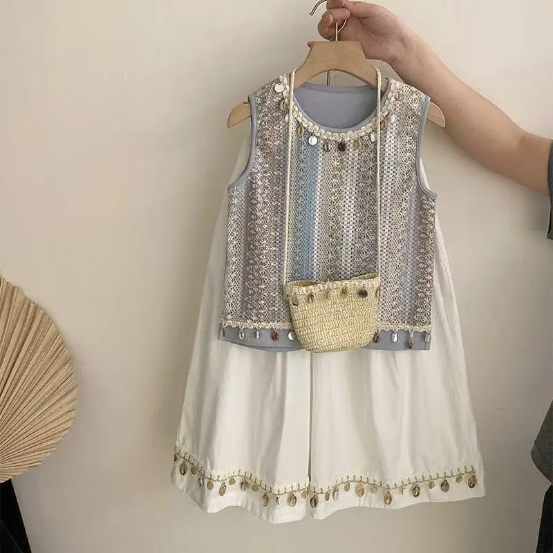 

Teen Girl Set Summer Children's Sequined Vest+wide Leg Pants Two-piece Set 2026 New Chinese Style 100-160cm