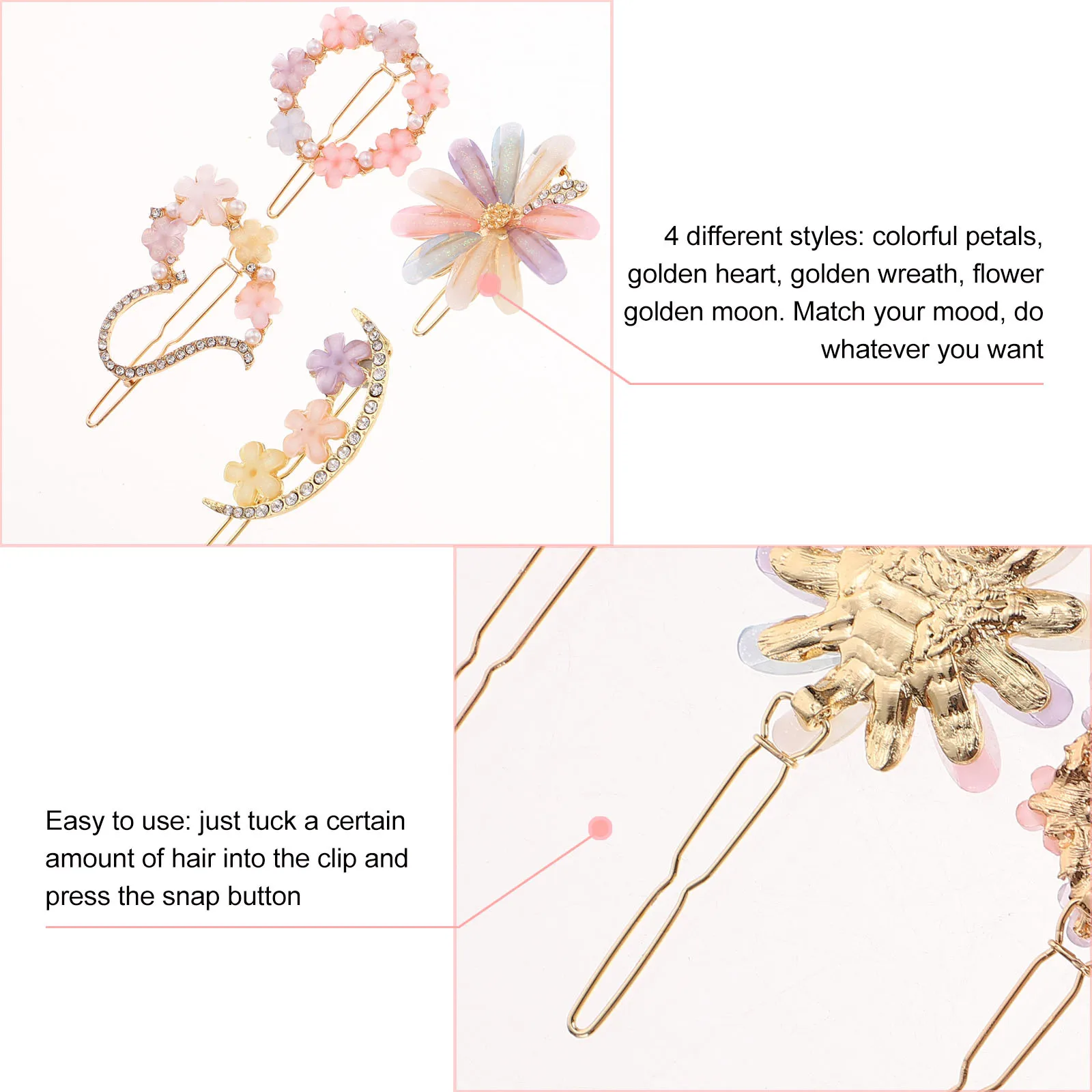 

4pcs Flower Hair Barrettes Decorative Hair Clips Crystal Metal Hairpins Women Fashion Party Wedding Accessory Hairpins