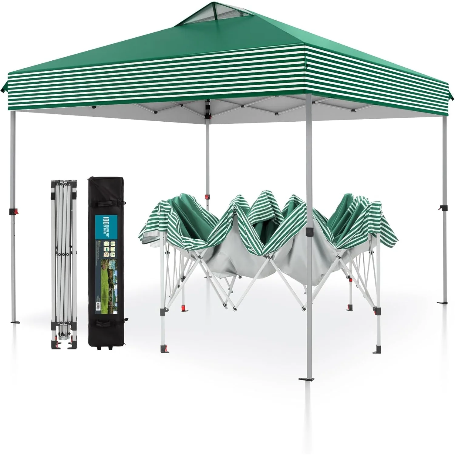 

Pop Up Canopy 10 10 Tents for Parties with Wheeled Bag, Portable Lightweight Folding w/Adjustable Height,Green and White Stripes