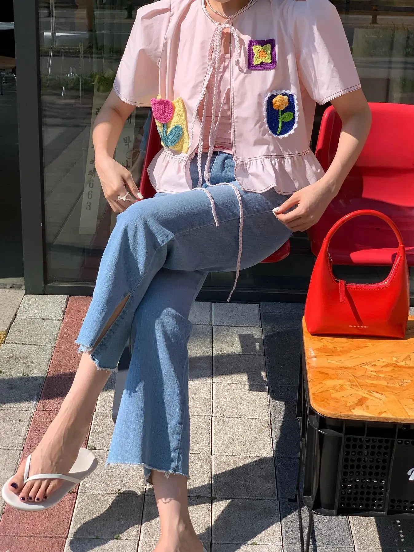Handmade Embroidered Flower Bubble Sleeve Open Cardigan Loose round Neck Thin Outerwear Korean Style Cotton Jacket for Women