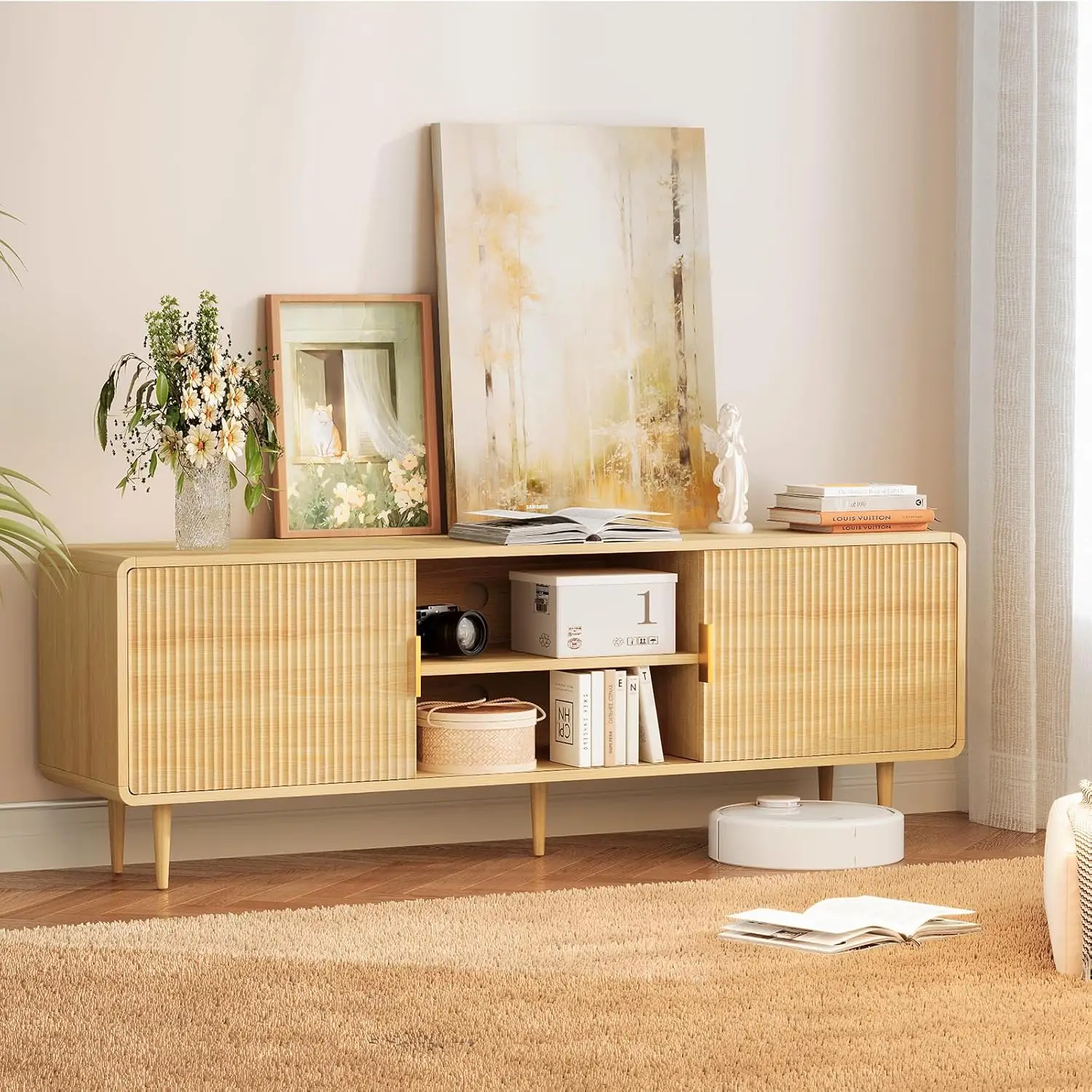 

Tv Stand For 65 H Tv, Fluted Tv Stand With Curved Profile Design, Wood Entertainment Center Tv Console Table With Sliding Doors