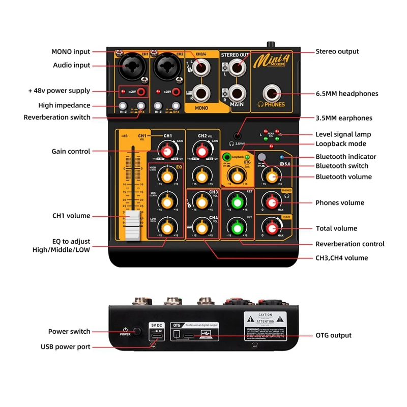 Mini4 antarmuka Mixer Audio DJ konsol Bluetooth 5.0 OTG Reverb 48V kartu suara untuk siaran langsung rekaman PC