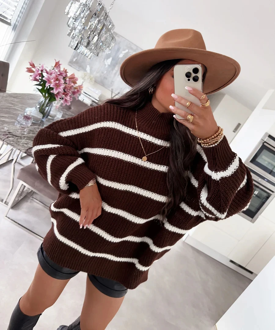 Dames losse kleurblok gestreepte trui Herfst- en wintergebreide trui Elegant en geschikt voor werk