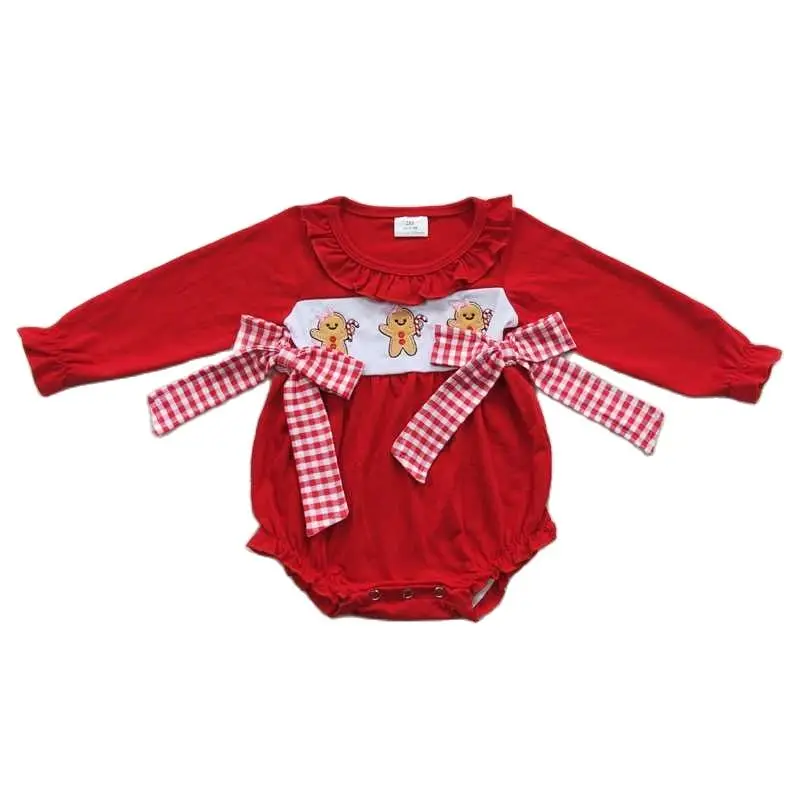 

Embroidered Gingerbread Man Red Plaid Bow Lace Long Sleeve Onesie