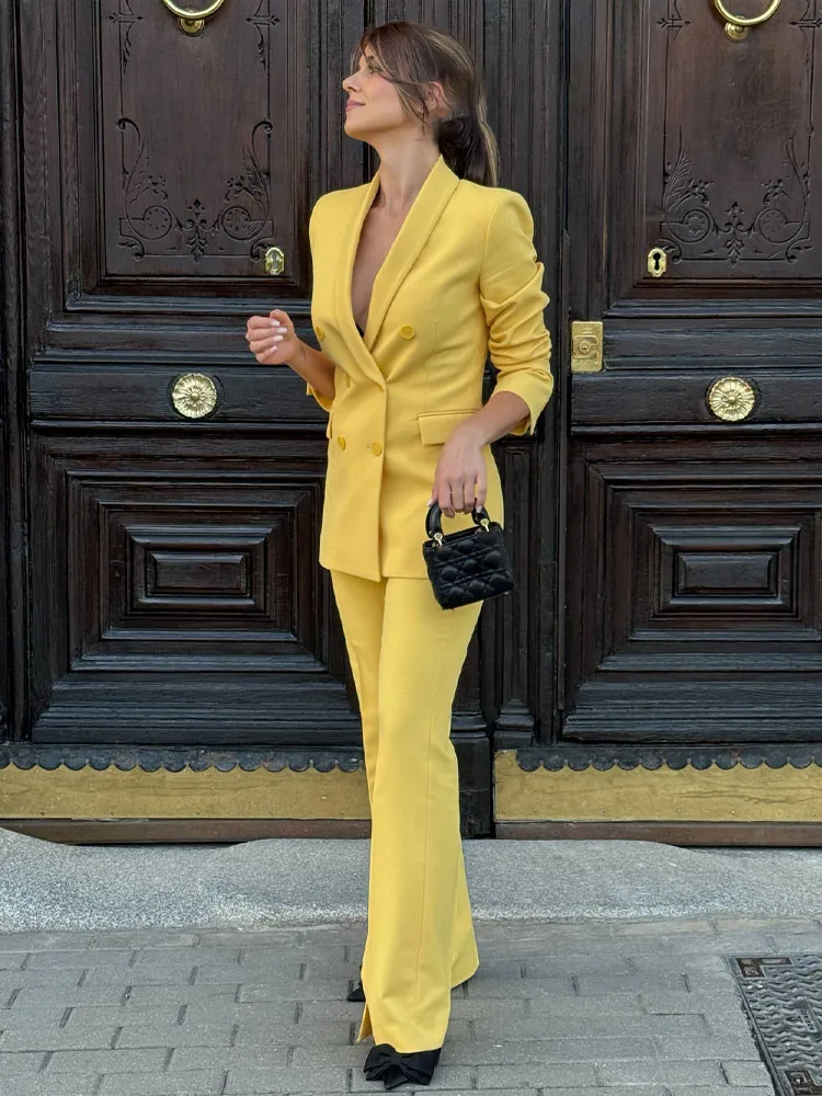 HH Conjunto amarillo para mujer, chaquetas cruzadas de manga larga con cuello vuelto + pantalones acampanados con cremallera en la cintura media, traje de primavera para mujer