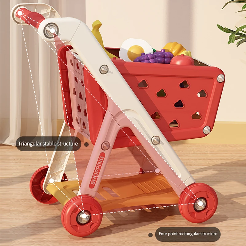 Carrinho de compras de brinquedo para bebês, carrinho pequeno para crianças, casa de brincar, corte de frutas, música, cozinha, supermercado, homens e meninas