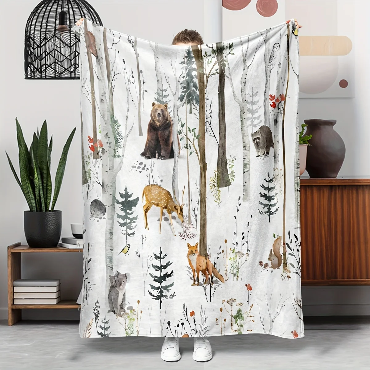 Wildlife Forest Creatures Flannel Blanket  Botanical Birch Tree Animal Throw Blanket Nature Lover Blanket Gift