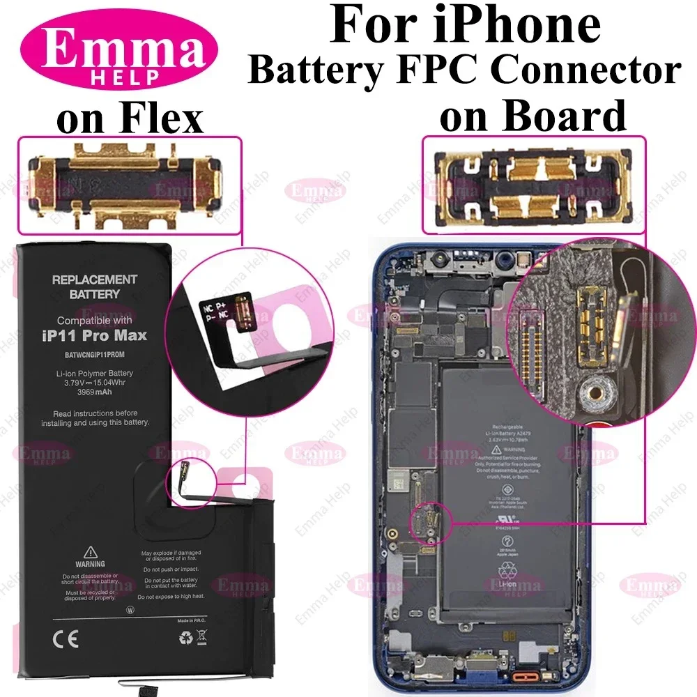 Emmashelp-Cable flexible de batería FPC para iPhone, Conector de enchufe con Clip, 15, 14, 12, 13, 11 Pro Max, 6, 6S, 7, 8 Plus, X, XS, XR, 10