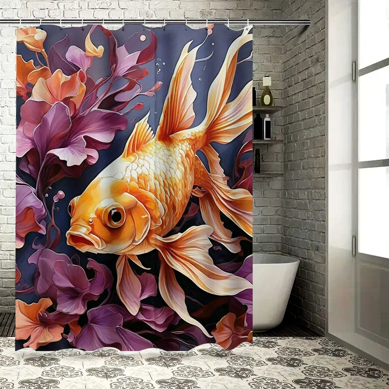 Golden Fish and Vibrant Flowers Waterproof Shower Curtain, Perfect for Any Bathroom, Fun Design, Unique Artwork