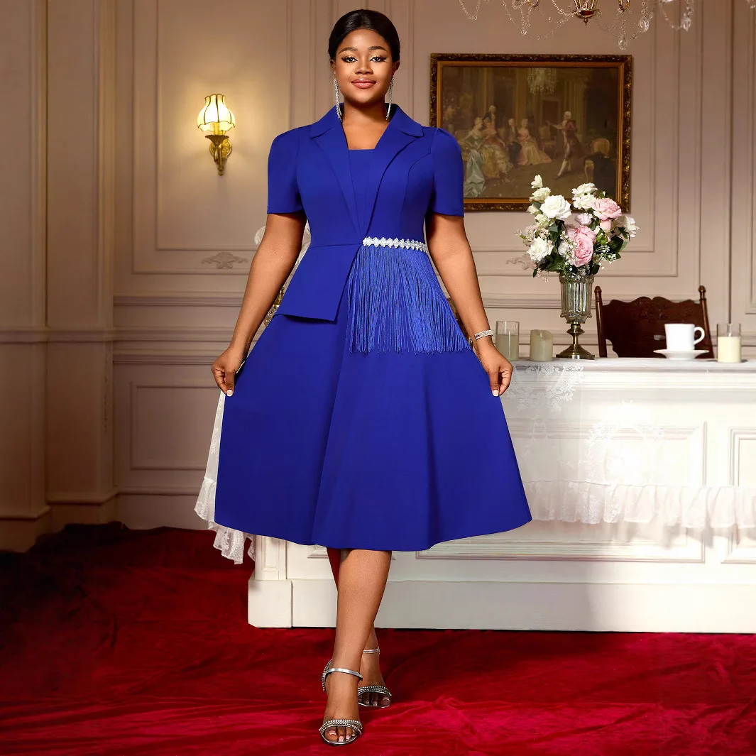 

Am 050320 Plus Size Women's Dress with Turn-down Collar, Irregular Tassel Design, Blazer Dress, A-line Waist-cinching Blue Dress