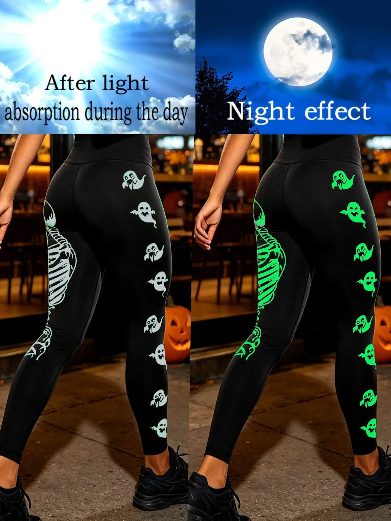 A must-have for Halloween: women's trousers with glow-in-the-dark cut-out details and a little ghost print. Theyglow in the dark