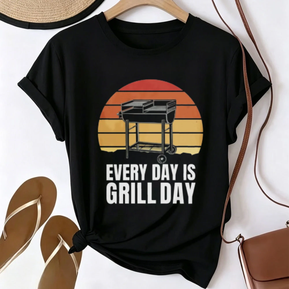 Every Day Is Grill Day Vintage Sunset BBQ Grill Graphic T-shirt Men Women Barbecue Lover Quote Tee Grilling Outdoor Cooking Tops