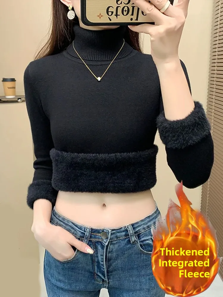 

Thickened Knitted Sweater Women's Inner Wear Fleece Lined High Collar Warm Base Shirt Autumn Winter Furry Sweater W...