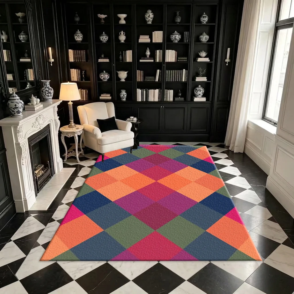 Retro Diamond-Shaped Geometric Carpet Decorates the Living Room and Bedroom Interior