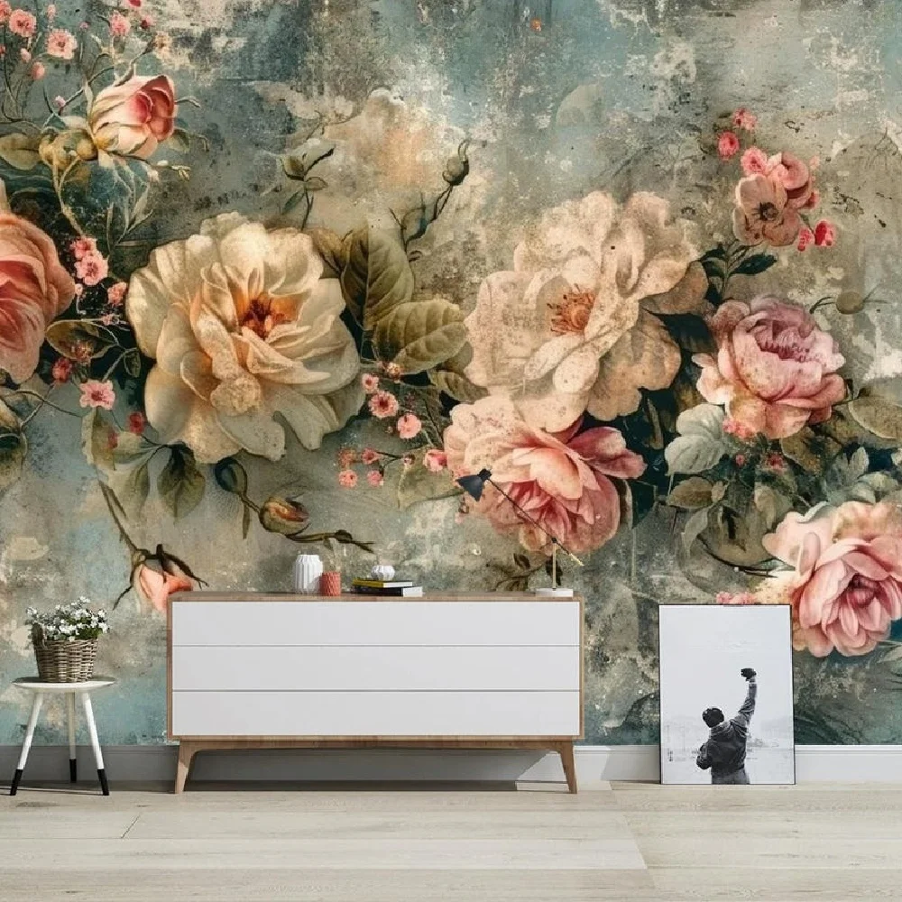 Customized Nordic retro three-dimensional peony flower wallpaper pastoral flower living room sofa background wall hotel mural