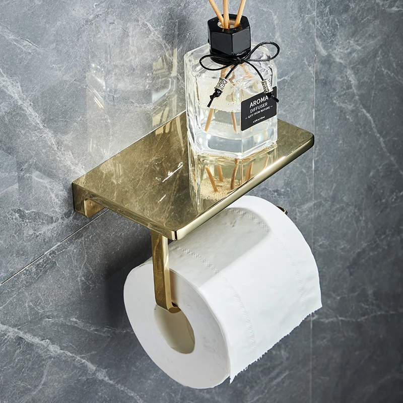 

ELLEN Bathroom Toilet Paper Holder Luxury Gold Tissue Roll Dispenser Storage Wall Mounted Black with Cell Phone Shelf EL90