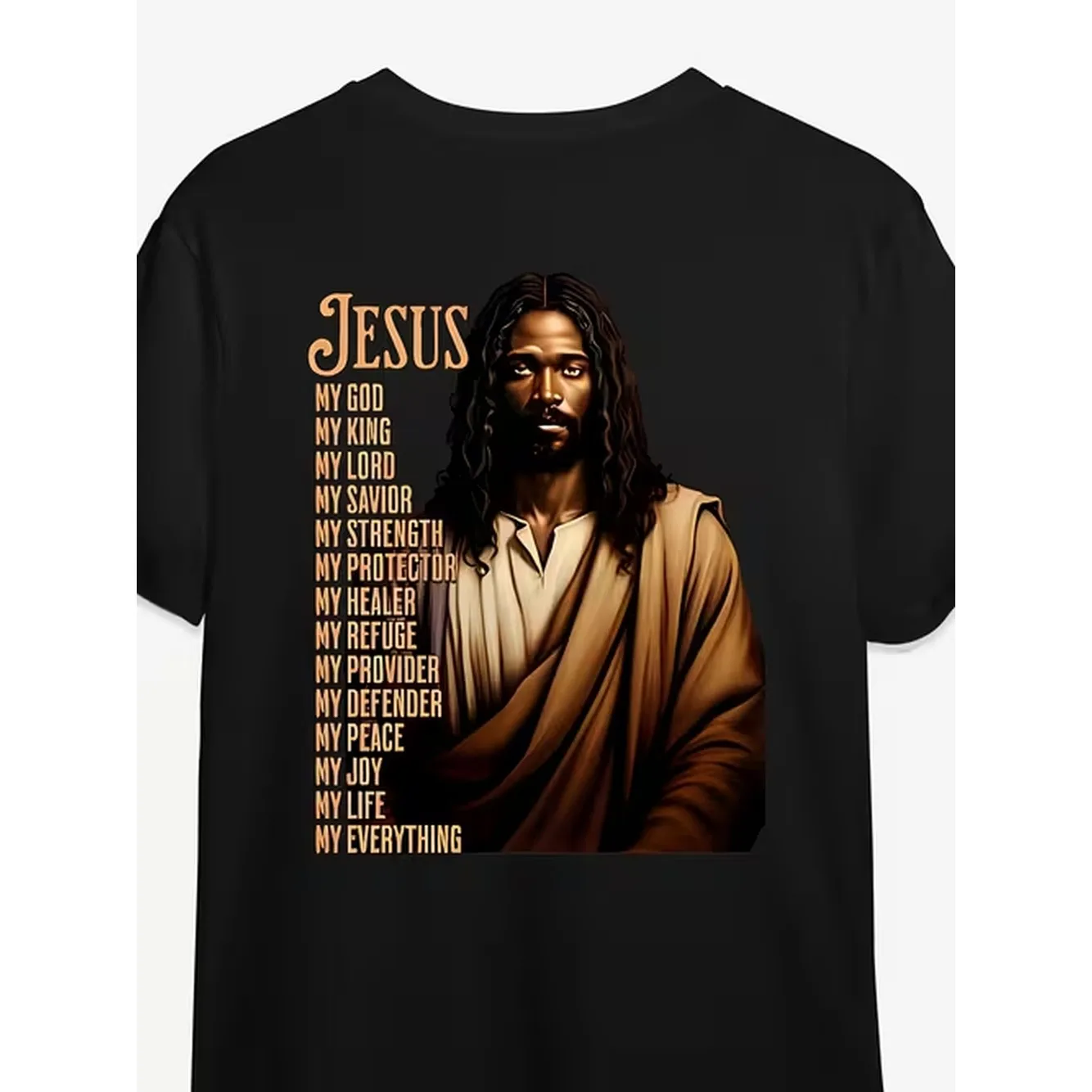 Stylish Long Hair Illustration Black T Shirt Embellished With Religious Titles Casual Crew Neck Design Ideal For Faith Inspired Events Gifts For