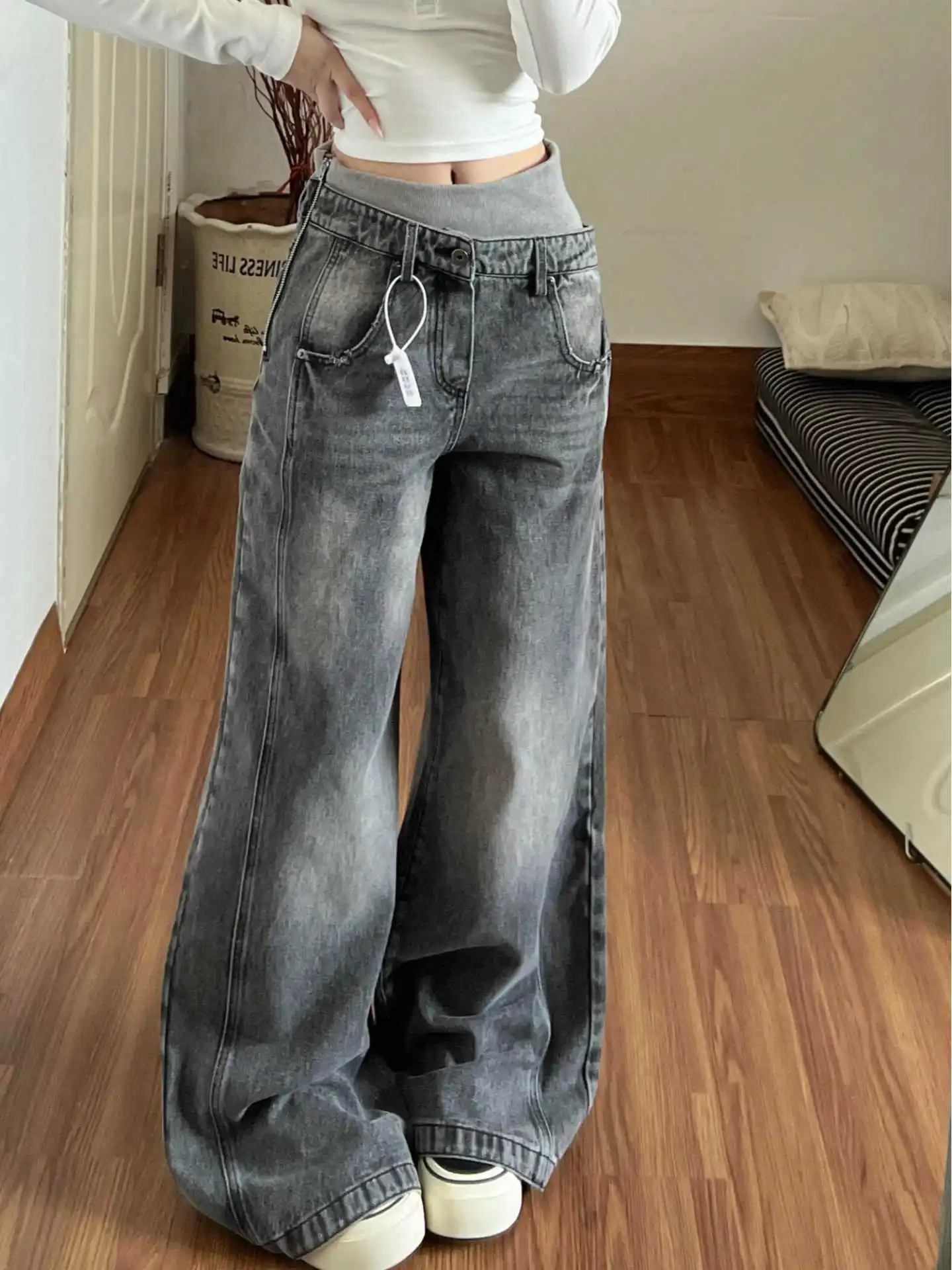Women's Designer Jean Baggy Denim Pants Abi Y2K Fake Two Pieces High Street American Retro Cowboy Japanese Harajuku Long Trouser